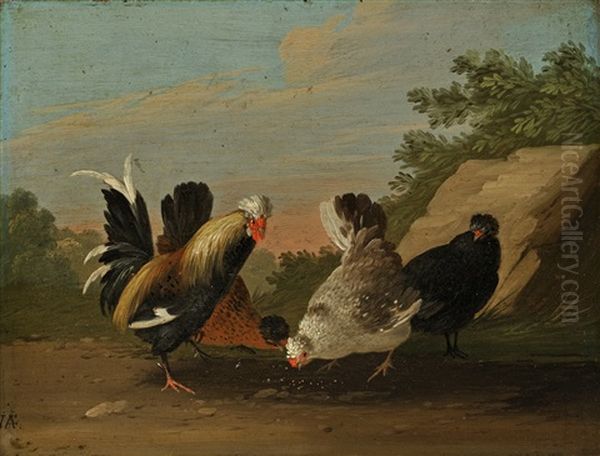 A Pair Of Paintings Depicting A Rooster And Hen Oil Painting by Johann Adalbert Angermayer