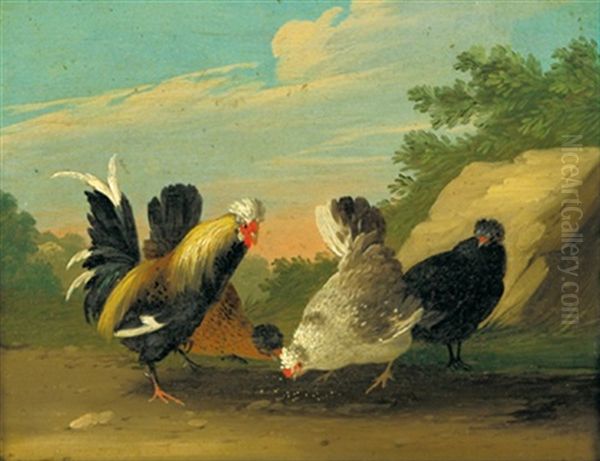 Huhner In Einer Landschaft (+ Huhner Vor Einem Plankenzaun; Pair) Oil Painting by Johann Adalbert Angermayer