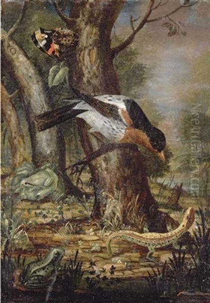 A Forest-floor Still Life With A Thrush On A Branch, A Lizard, A Butterfly And Two Frogs Oil Painting by Johann Adalbert Angermayer