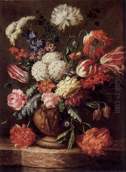 Blumenstraus Von Tulpen, Schneeballen, Rose, Pfingstrose Und Anderen Bluten, In Einer Figural Verzierten Tonvase Oil Painting by Johann Adalbert Angermayer