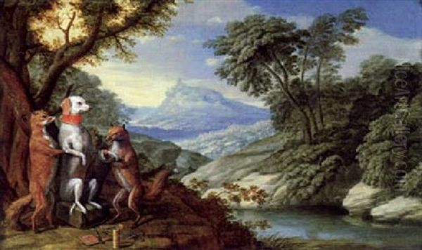 Zwei Fusche Pflegen Einen Hund Oil Painting by Johann Adalbert Angermayer