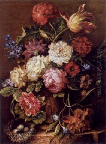 Blumenstraus Mit Nelken, Wicken, Pfingstrose Und Anderen Bluten In Einer Figural Verzierten Tonvase Sowie Einem Vogelnest Oil Painting by Johann Adalbert Angermayer