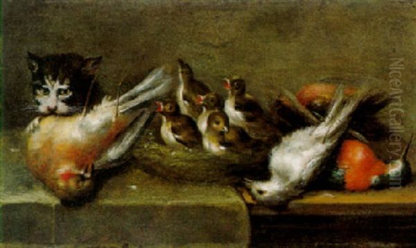 Katze Bei Einem Vogelnest Oil Painting by Johann Adalbert Angermayer