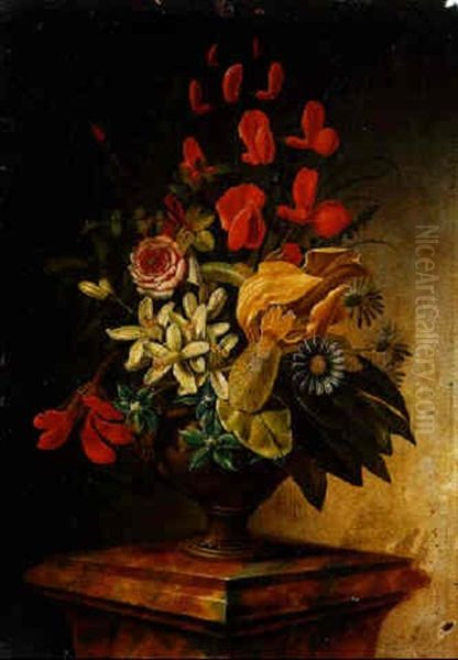 A Yellow Iris, Daisies, A Nasturtium, Lilies, Roses And Sweet Peas In A Terracotta Vase On A Marble Plinth Oil Painting by Johann Adalbert Angermayer