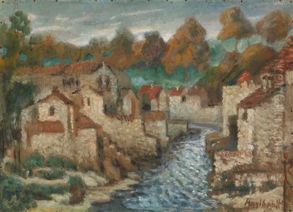 River Running Through A French Town Oil Painting by Francois Angiboult