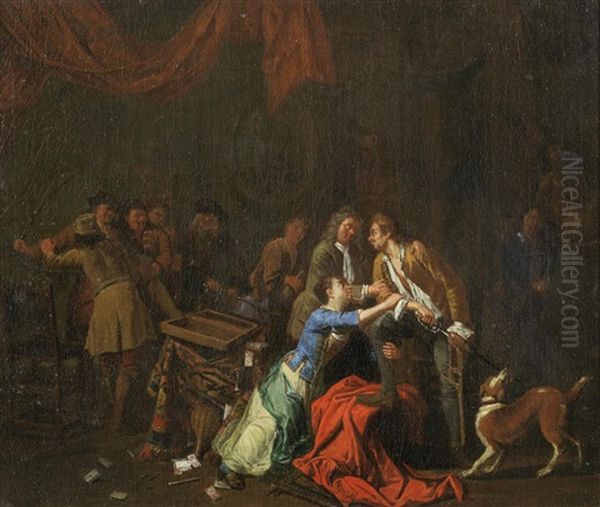 Elegant Figures Dining And Merrymaking In An Interior; And An Elegant Interior With Women And Soldiers Carousing (2 Works) Oil Painting by Pieter Angillis