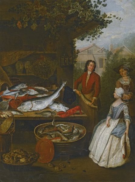 A Fishmonger Showing A Pike To A Housewife By A Stall Laden With Fish by Pieter Angillis