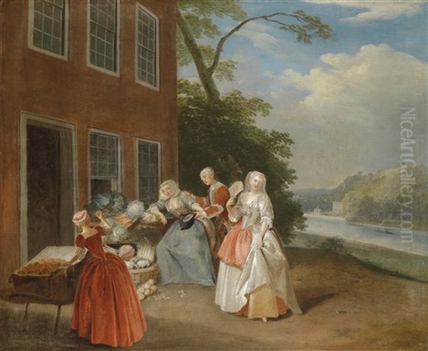 Eine Elegante Gesellschaft Bei Einem Gemuseverkaufer Oil Painting by Pieter Angillis