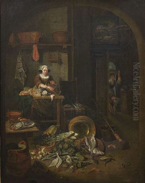 Vorratskammer Mit Kuchenmagd, Die Ihre Einkaufe Auf Einem Tisch Ausbreitet Oil Painting by Pieter Angillis