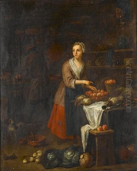 A Kitchen Interior With A Young Woman Standing At A Table Laden With Fruit And Dead Birds Oil Painting by Pieter Angillis