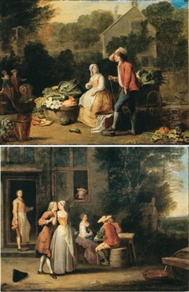 La Marchande De Legumes (+ Scene Galante; Pair) Oil Painting by Pieter Angillis