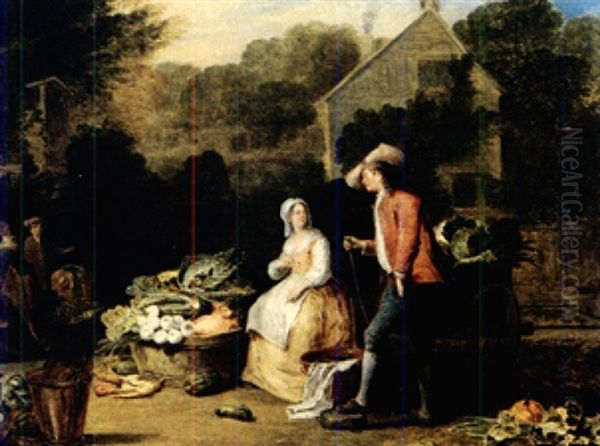 La Marchande De Legumes (+ Scene Galante; Pair) Oil Painting by Pieter Angillis