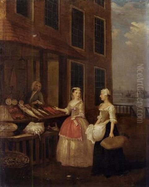 A Lady And Her Maid At A Fishmonger, The River Thames With The Monument And The City Of London Beyond Oil Painting by Pieter Angillis