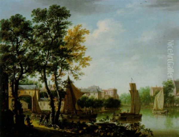 Stadt An Einem Fluss Mit Booten Und Figuren Oil Painting by Pieter Angillis