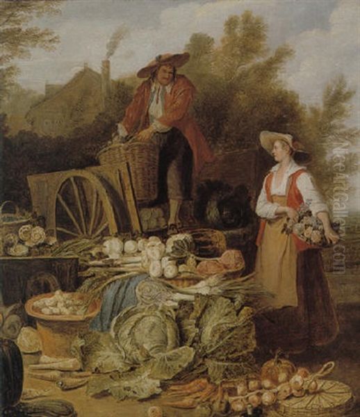 Still Life Of Vegetables With A Flower Girl Oil Painting by Pieter Angillis