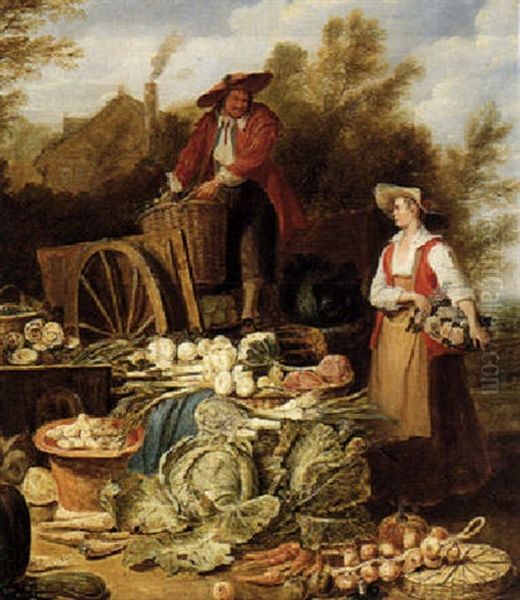 A Vegetable Seller Oil Painting by Pieter Angillis