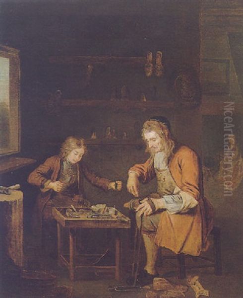 The Shoemaker And His Apprentice Oil Painting by Pieter Angillis