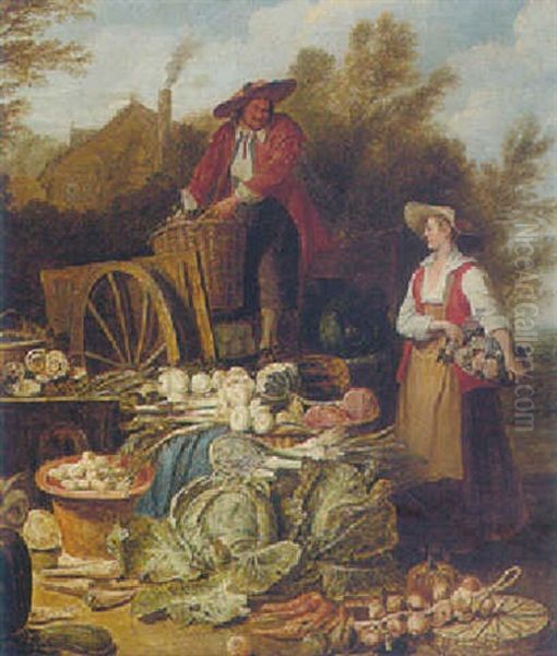 A Still Life Of Vegetables With A Vegetable Seller Offloading A Cart And A Flower Girl Standing Nearby Oil Painting by Pieter Angillis