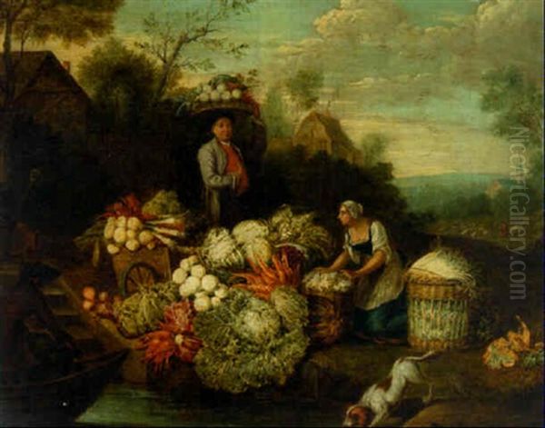 Vegetable Sellers On A River Bank, A Village Beyond Oil Painting by Pieter Angillis