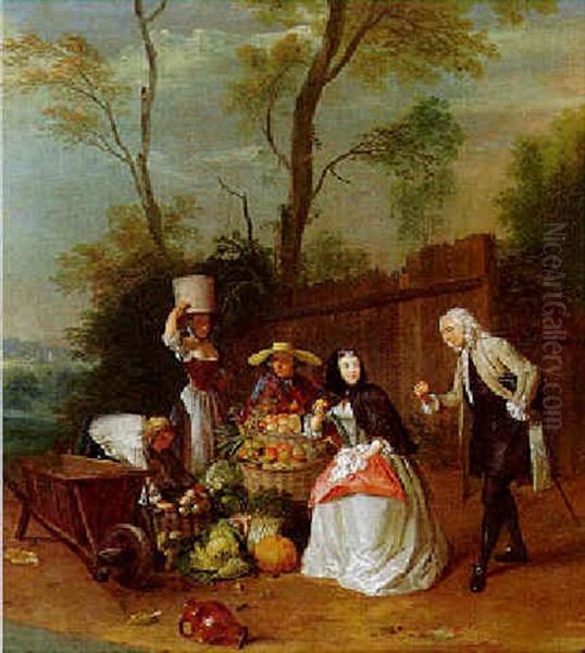 An Elegant Couple Buying Apples From A Produce Seller Oil Painting by Pieter Angillis