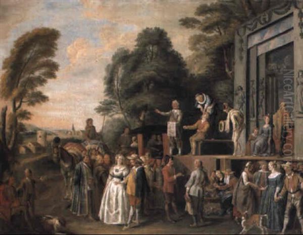 An Outdoor Theatre With A Quack Doctor And An Audience Of Gentry. . . Oil Painting by Pieter Angillis