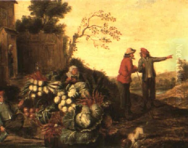 A Woman Selling Vegetables Outside A House With Two Men Conversing by Pieter Angillis