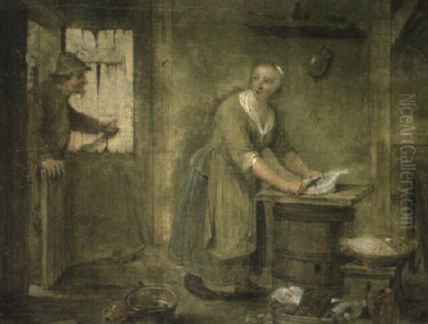 A Peasant Woman Preparing Fish In A Cottage With A Peasant Man At A Door Oil Painting by Pieter Angillis