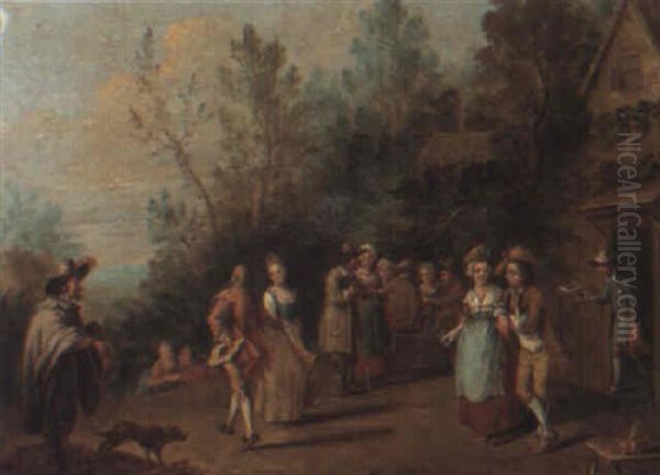 Figures Dancing Outside An Inn Oil Painting by Pieter Angillis