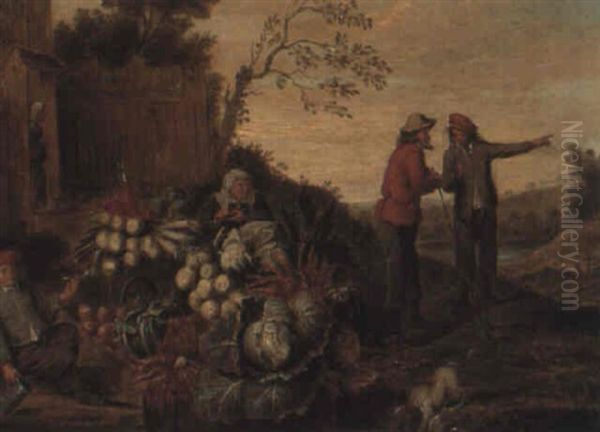 Woman Selling Vegetables Outside A House With Two Men Conversing Oil Painting by Pieter Angillis