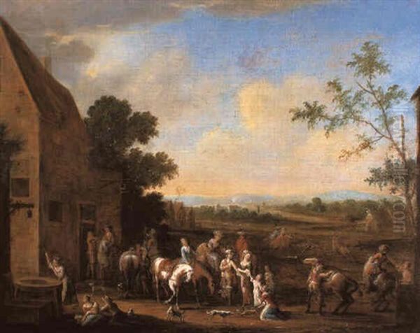 A Hunting Party At Rest Before A Country Inn Oil Painting by Pieter Angillis