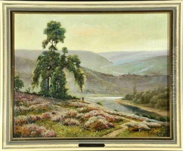 Heidelandschaft Am Fluss Mit Schafherde Oil Painting by Gaston Anglade