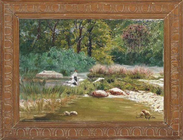 Paysage De La Creuse Et Fougre (+ Washerwomen On The Riverbank; 2 Works) Oil Painting by Gaston Anglade