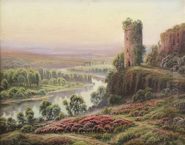 Panoramic French Creuse River Valley View With Winding River And Castle Ruins Oil Painting by Gaston Anglade