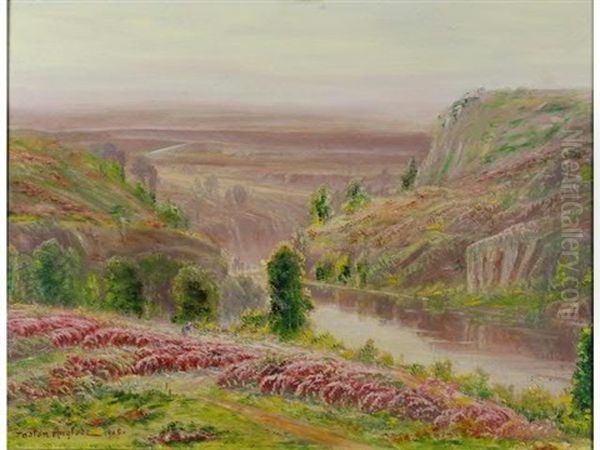 Paysage Aux Bruyeres En Fleurs Pres De La Riviere En Correze Oil Painting by Gaston Anglade