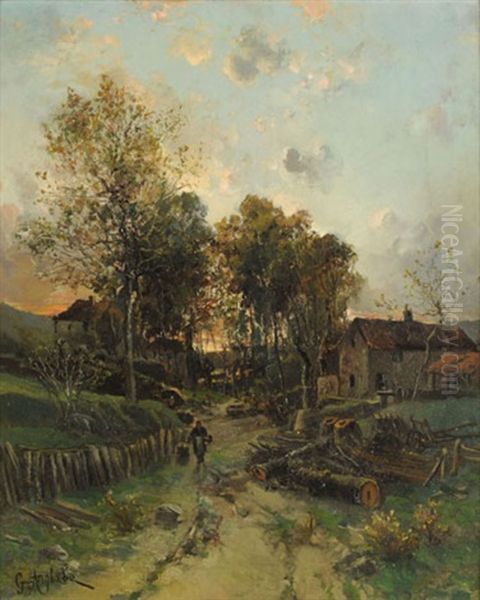 Landschaft Mit Hausergruppe Und Figurenstaffage Oil Painting by Gaston Anglade