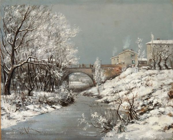 Winterliche Landschaft Mit Brucke Oil Painting by Jean Paul Anglade