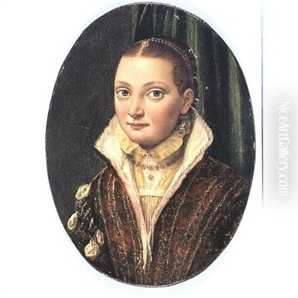 Portrait Of Sofonisba Anguissola, Wearing A Red Doublet Over A Cream Shirt, With Blue Pearl-drop Earings Oil Painting by Lucia Anguissola