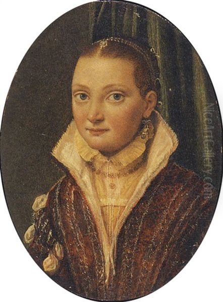 Portrait Of Sofonisba Anguissola Wearing A Red Doublet Over A Cream Shirt, With Blue Pearl-drop Earrings Oil Painting by Lucia Anguissola