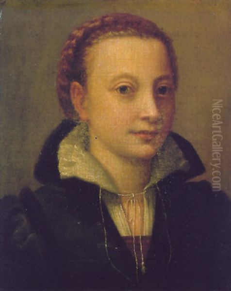 Portrait Of Minerva Anguissola, Wearing A Black Dress, A Brown Bodice And A White Lace Chemise Oil Painting by Lucia Anguissola