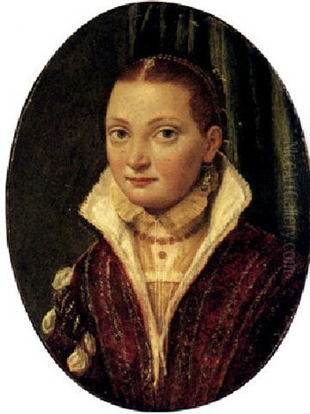 Portrait Of Sofonisba Anguissola, Half Length, Wearing A Red Doublet Over A Cream Shirt, With Blue Pearl Drop Earrings Oil Painting by Lucia Anguissola