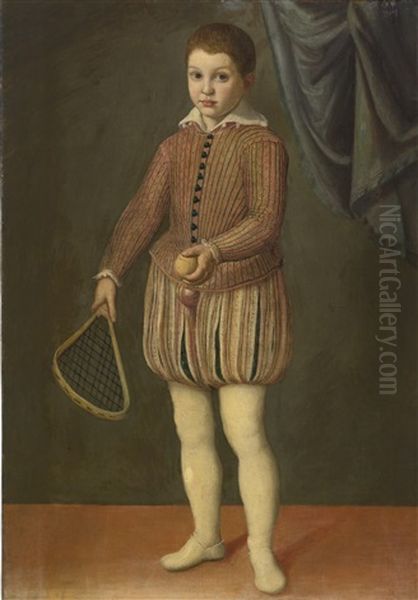 Portrait Of A Boy Holding A Tennis Racket And Ball, Wearing A Pink Slashed Doublet And Hose Oil Painting by Sofonisba Anguissola