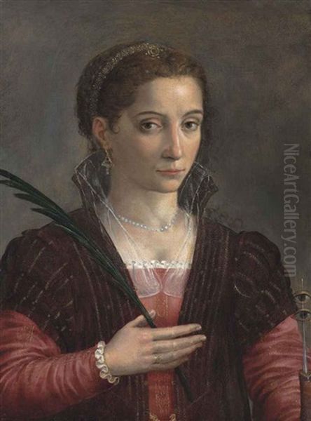 Portrait Of A Lady, As Saint Lucy, Half-length, In A Red Embroidered Dress And Brown Mantle Oil Painting by Sofonisba Anguissola