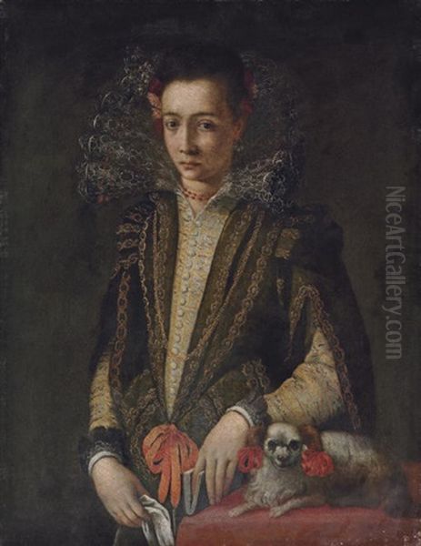 Portrait Of A Girl In A Black And Gold Embroidered Dress With A Lace Collar, A Book In Her Left Hand, A Handkerchief In Her Right Oil Painting by Sofonisba Anguissola