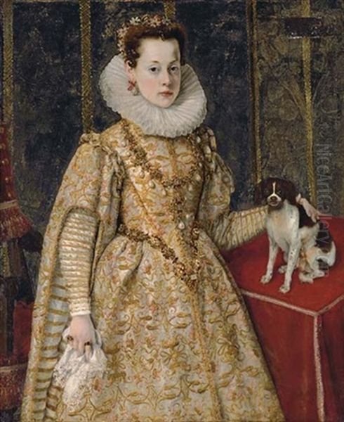 Portrait Of Margherita Of Savoy In A White Dress With Gold And Pink Brocade, With Flowers In Her Hair, Standing Next To A Table With A King Charles Cavalier Spaniel Oil Painting by Sofonisba Anguissola