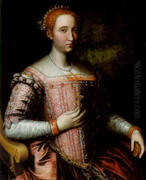 Portrait Of A Lady Wearing A Pink Dress Adorned With Pearls Oil Painting by Sofonisba Anguissola