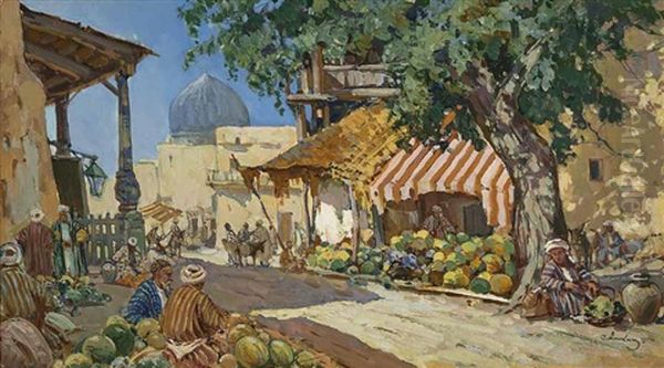 Orientalischer Gemusemarkt Mit Wassermelonenverkaufer Oil Painting by Sergej Anikin