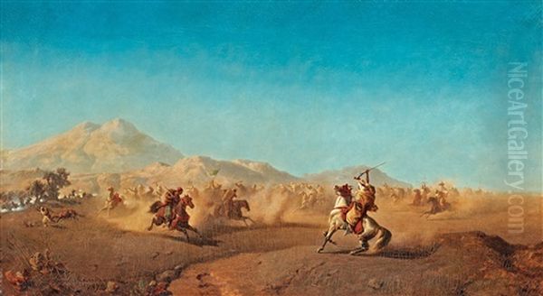 Battle Scene At The Foot Of The Atlas Mountains Oil Painting by Henrik August Ankarcrona