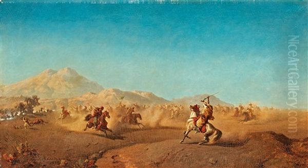 Battle Scene At The Foot Of The Atlas Mountains Oil Painting by Henrik August Ankarcrona