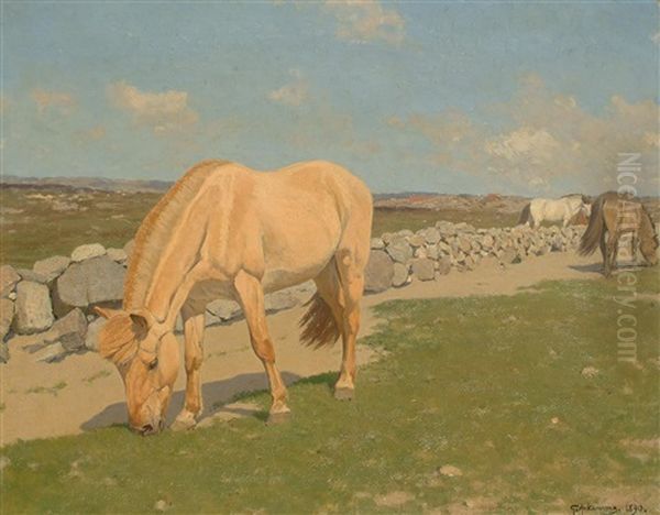 Horses Grazing In A Landscape Oil Painting by Stan Gustaf Herman Ankarcrona