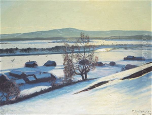 Vinterlandskap Med Gardar Och Frusen Alv Oil Painting by Stan Gustaf Herman Ankarcrona